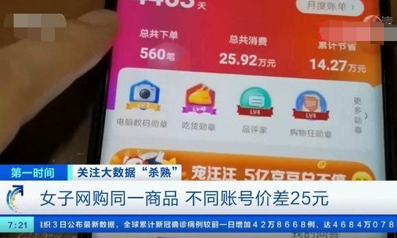 女子网购同一商品不同账号价格差25元？