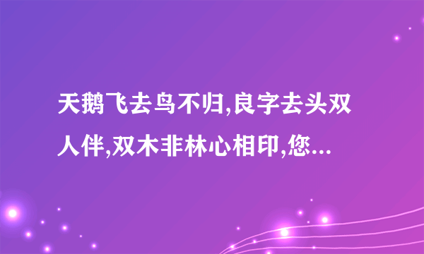 天鹅飞去鸟不归,良字去头双人伴,双木非林心相印,您若无心各自飞.打四个字